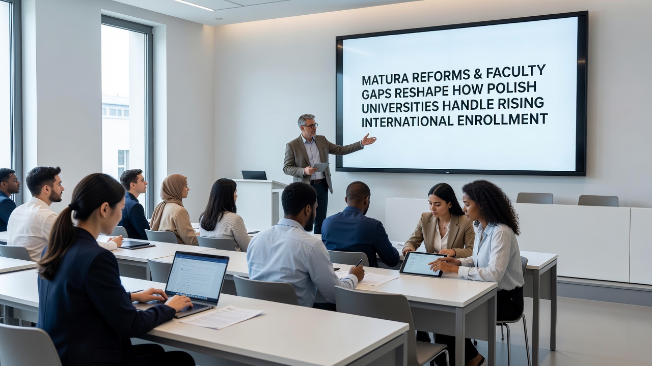 University lecture hall with mixed Polish and international students attending a seminar